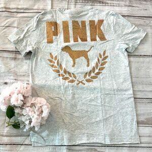 Pink Victoria’s Secret Short Sleeve Glittery Logo Campus Tee 
⁩